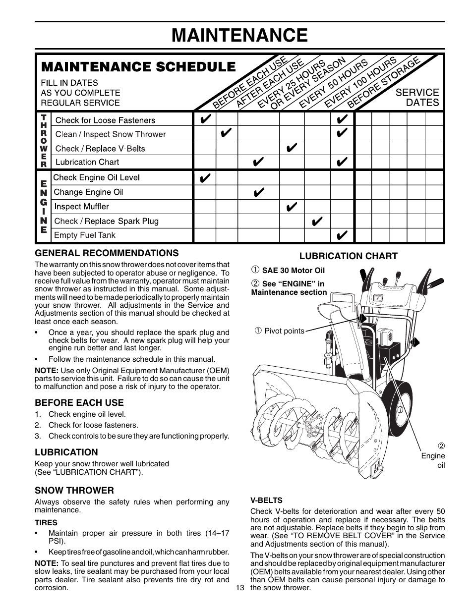 Maintenance | Poulan Pro PR8527ES SNOW THROWER User Manual | Page 13 / 20