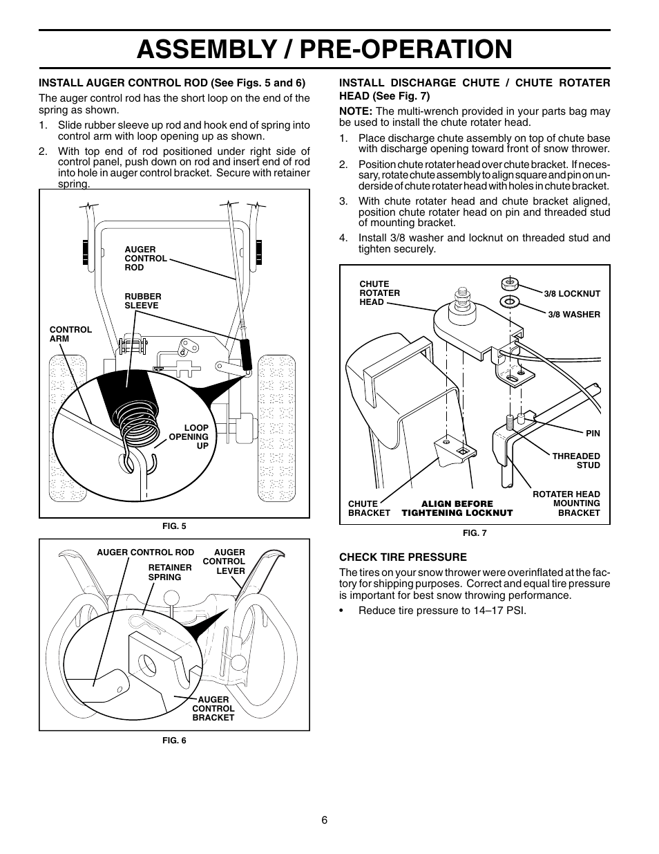 Assembly / pre-operation | Poulan Pro PR8527ES SNOW THROWER User Manual | Page 6 / 20