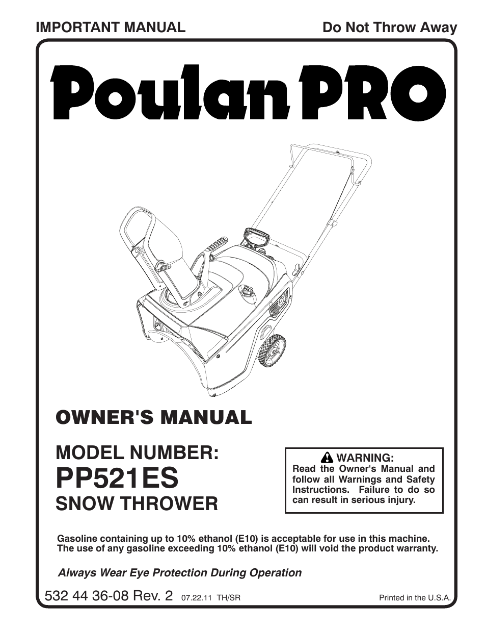 Poulan Pro PP521ES SNOW THROWER User Manual | 32 pages