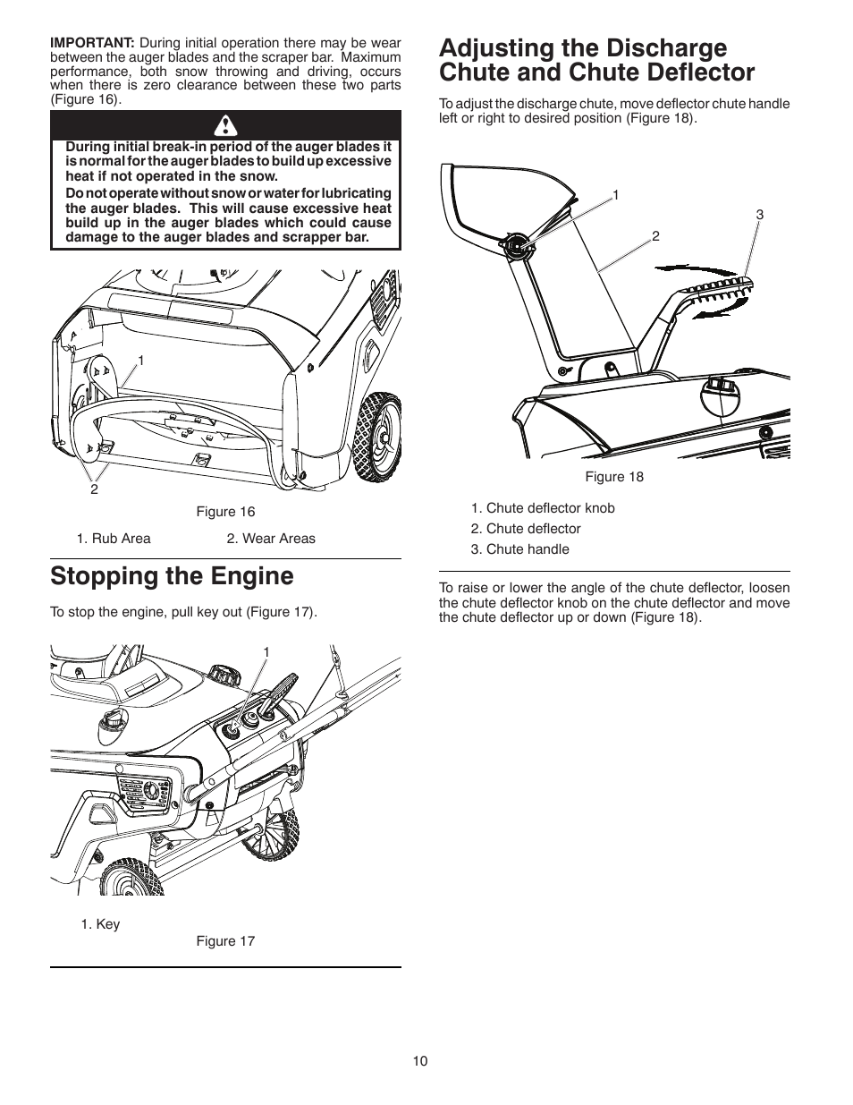 Stopping the engine, Adjusting the discharge chute and chute deflector | Poulan Pro PP521ES SNOW THROWER User Manual | Page 10 / 32