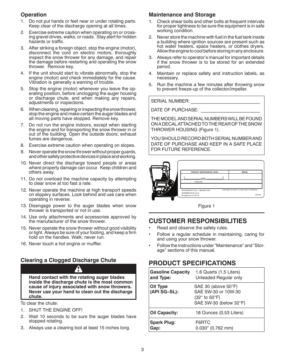 Customer responsibilities, Product specifications, Operation | Clearing a clogged discharge chute, Maintenance and storage | Poulan Pro PP521ES SNOW THROWER User Manual | Page 3 / 32