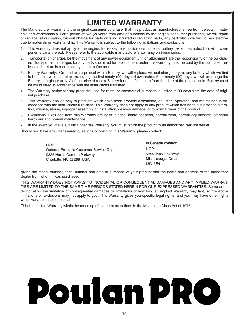 Limited warranty | Poulan Pro PP521ES SNOW THROWER User Manual | Page 32 / 32