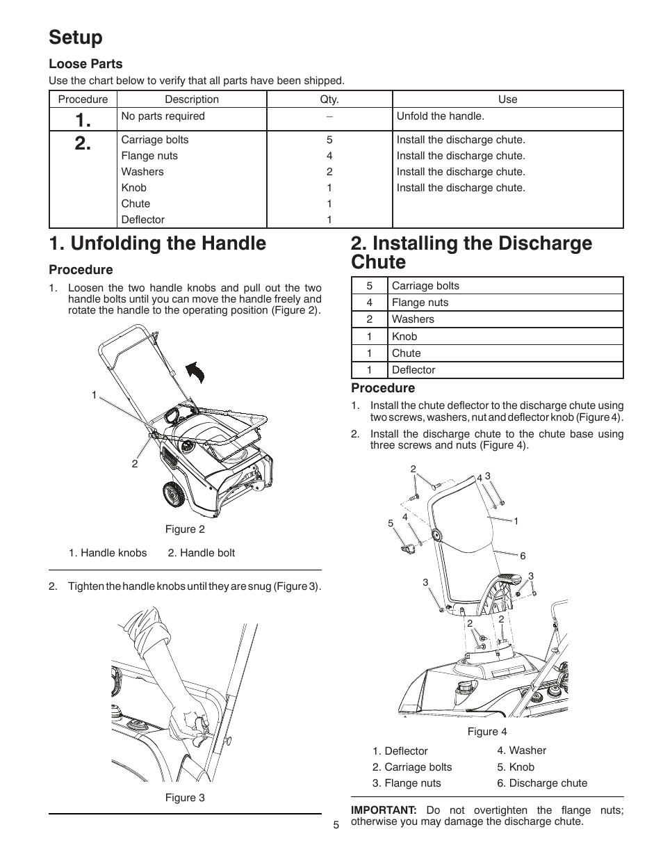 Setup, Unfolding the handle, Installing the discharge chute | Poulan Pro PP521ES SNOW THROWER User Manual | Page 5 / 32
