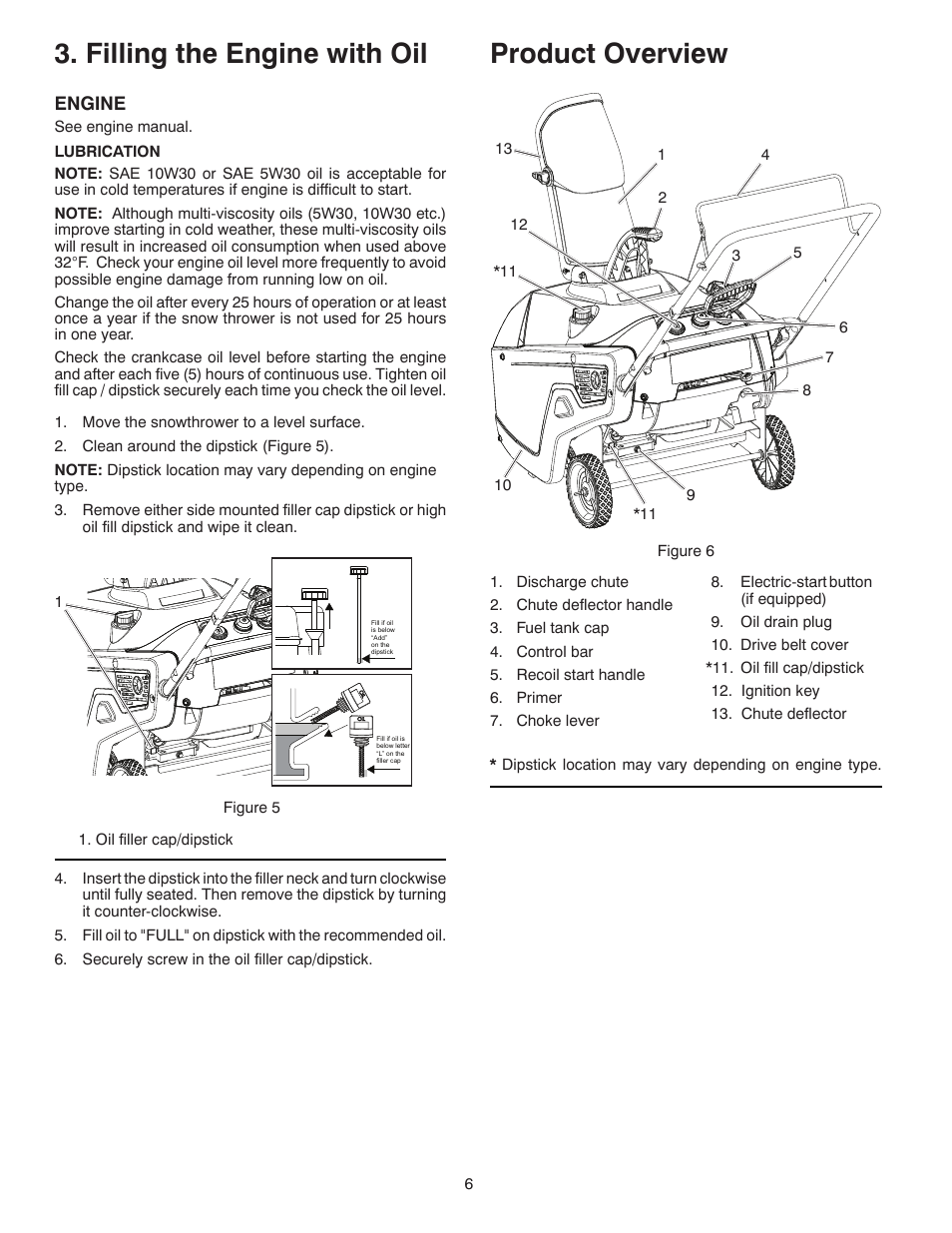 Product overview, Filling the engine with oil | Poulan Pro PP521ES SNOW THROWER User Manual | Page 6 / 32
