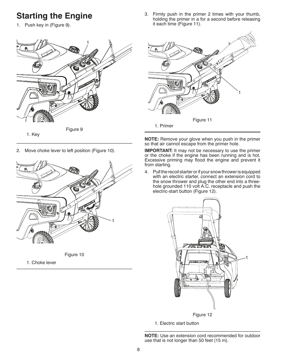 Starting the engine | Poulan Pro PP521ES SNOW THROWER User Manual | Page 8 / 32