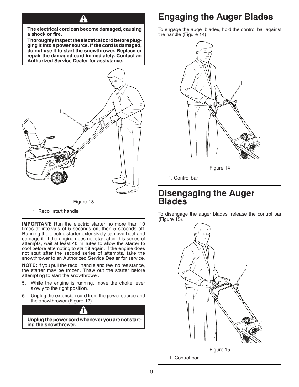 Engaging the auger blades, Disengaging the auger blades | Poulan Pro PP521ES SNOW THROWER User Manual | Page 9 / 32