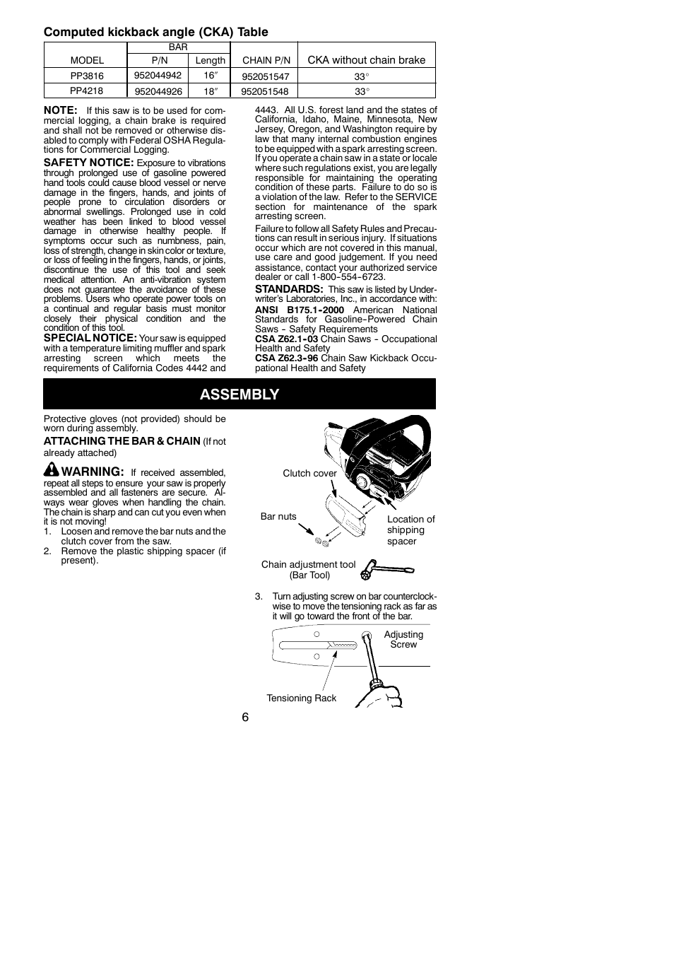 Assembly, 6computed kickback angle (cka) table, Warning | Poulan Pro PP4218 User Manual | Page 6 / 19