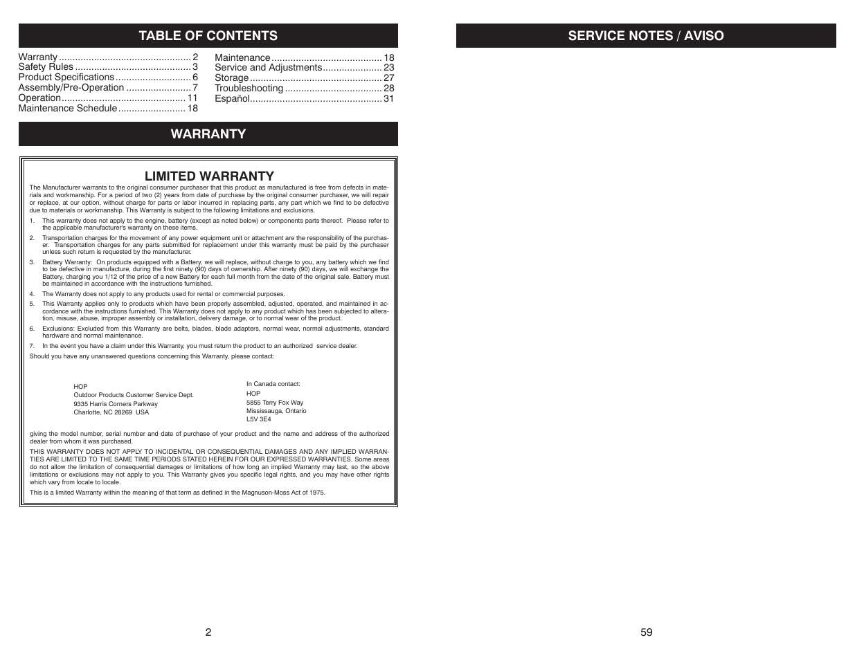 Table of contents warranty limited warranty | Poulan Pro PB30 User Manual | Page 2 / 30