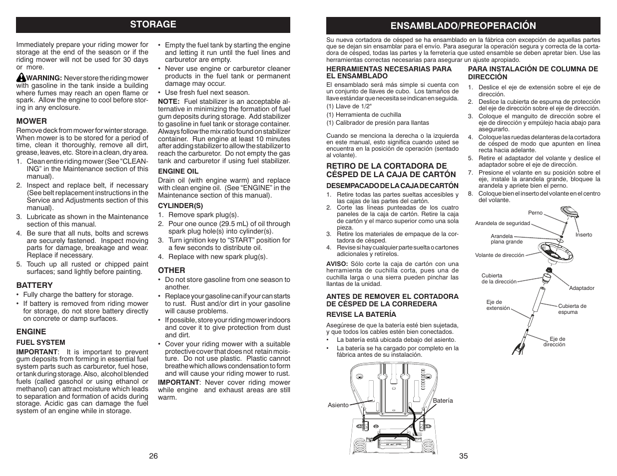 Storage, Ensamblado/preoperación | Poulan Pro PB30 User Manual | Page 26 / 30