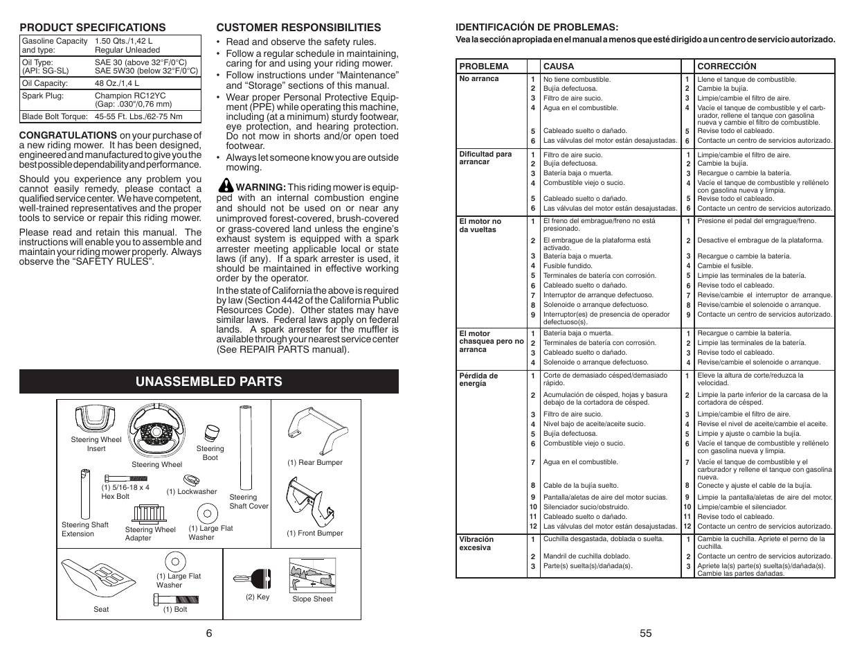 Unassembled parts, Customer responsibilities, Product specifications | Poulan Pro PB30 User Manual | Page 6 / 30