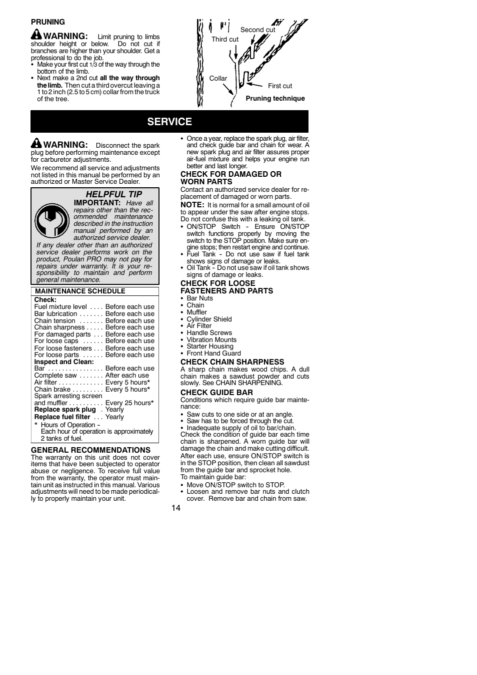 Service, Warning, Helpful tip | Poulan Pro PP4218AV User Manual | Page 14 / 20