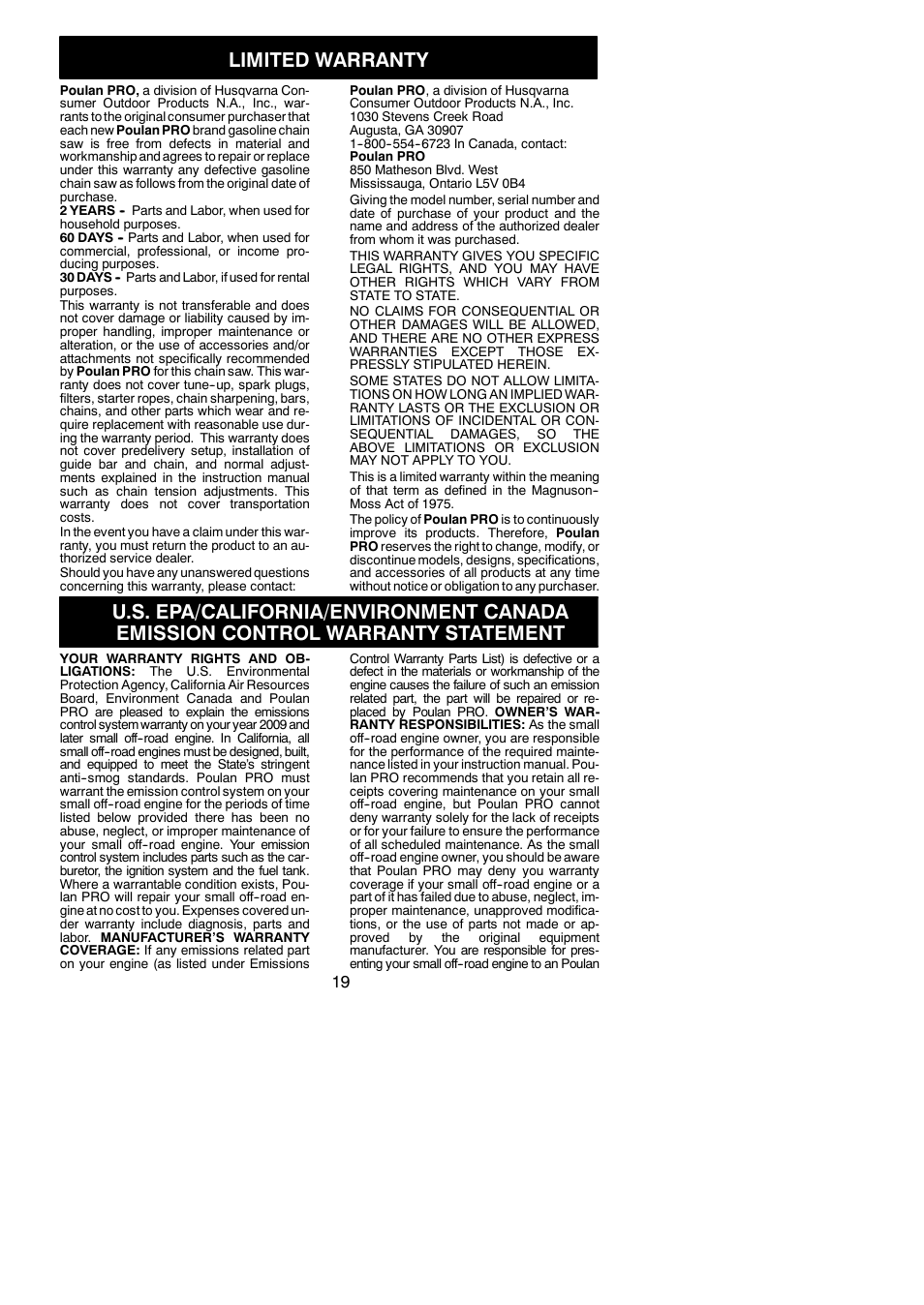 Limited warranty | Poulan Pro PP4218AV User Manual | Page 19 / 20