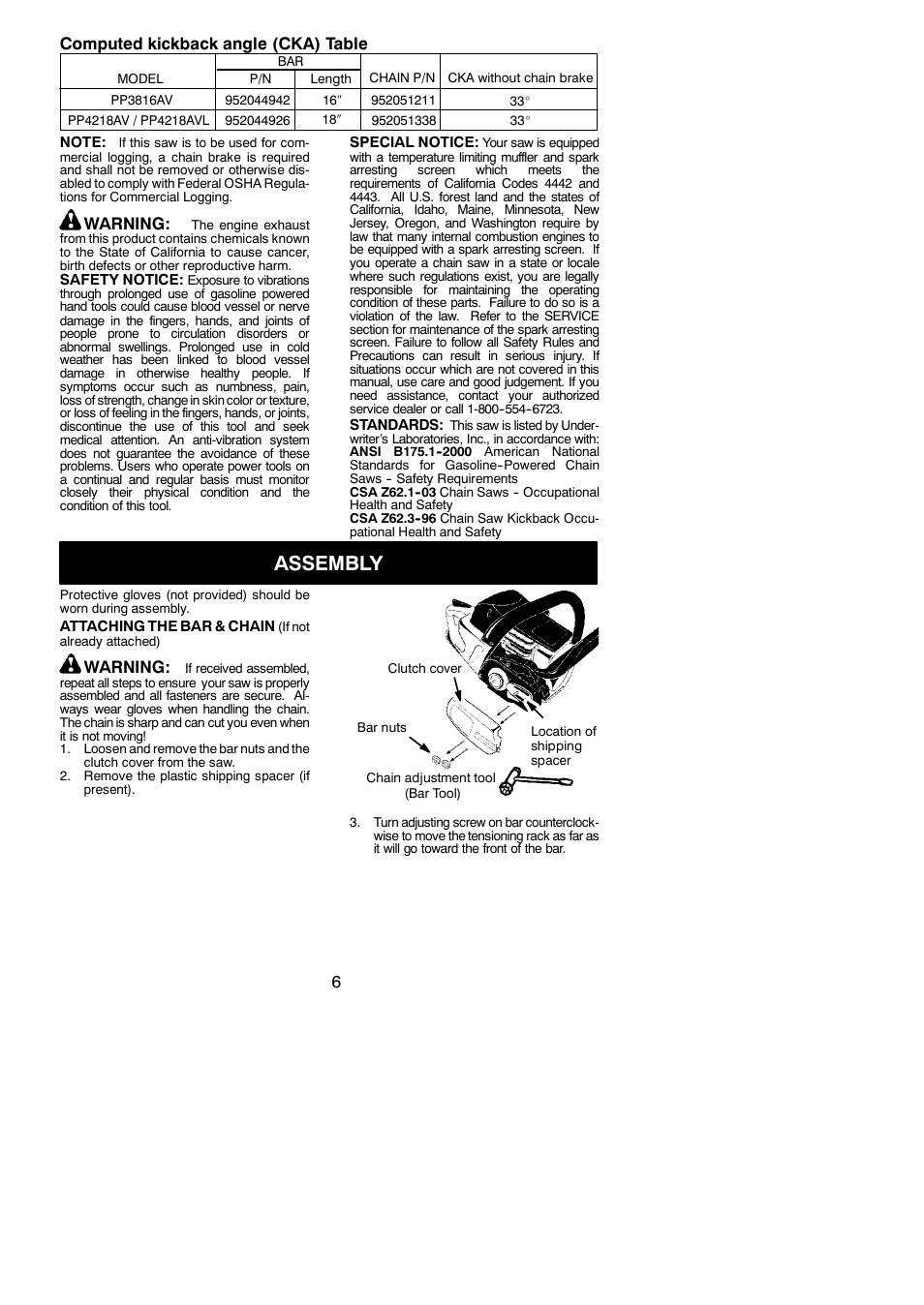 Assembly, 6computed kickback angle (cka) table, Warning | Poulan Pro PP4218AV User Manual | Page 6 / 20