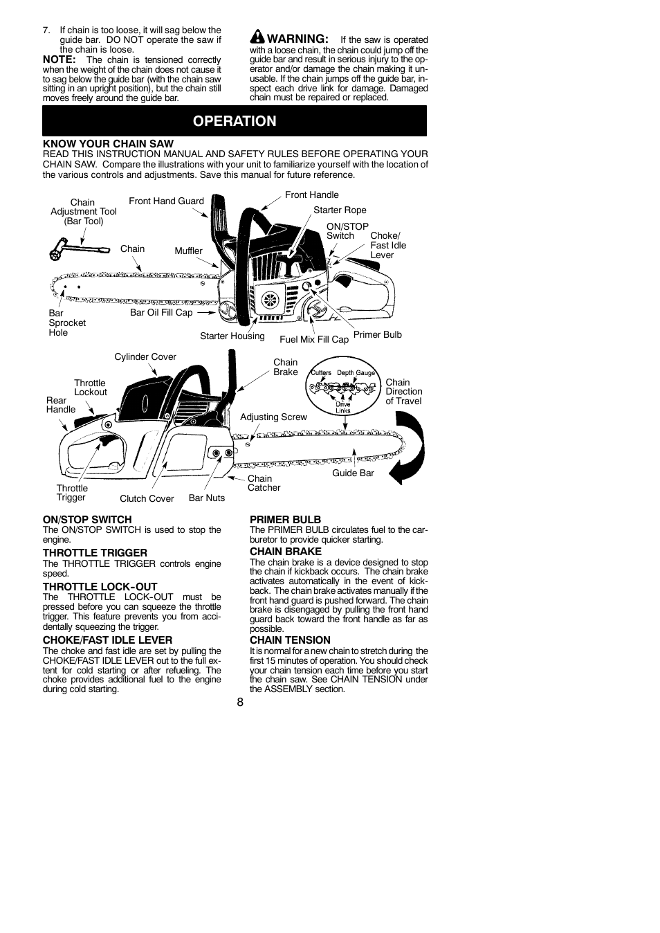 Operation, Warning | Poulan Pro PP4218AV User Manual | Page 8 / 20