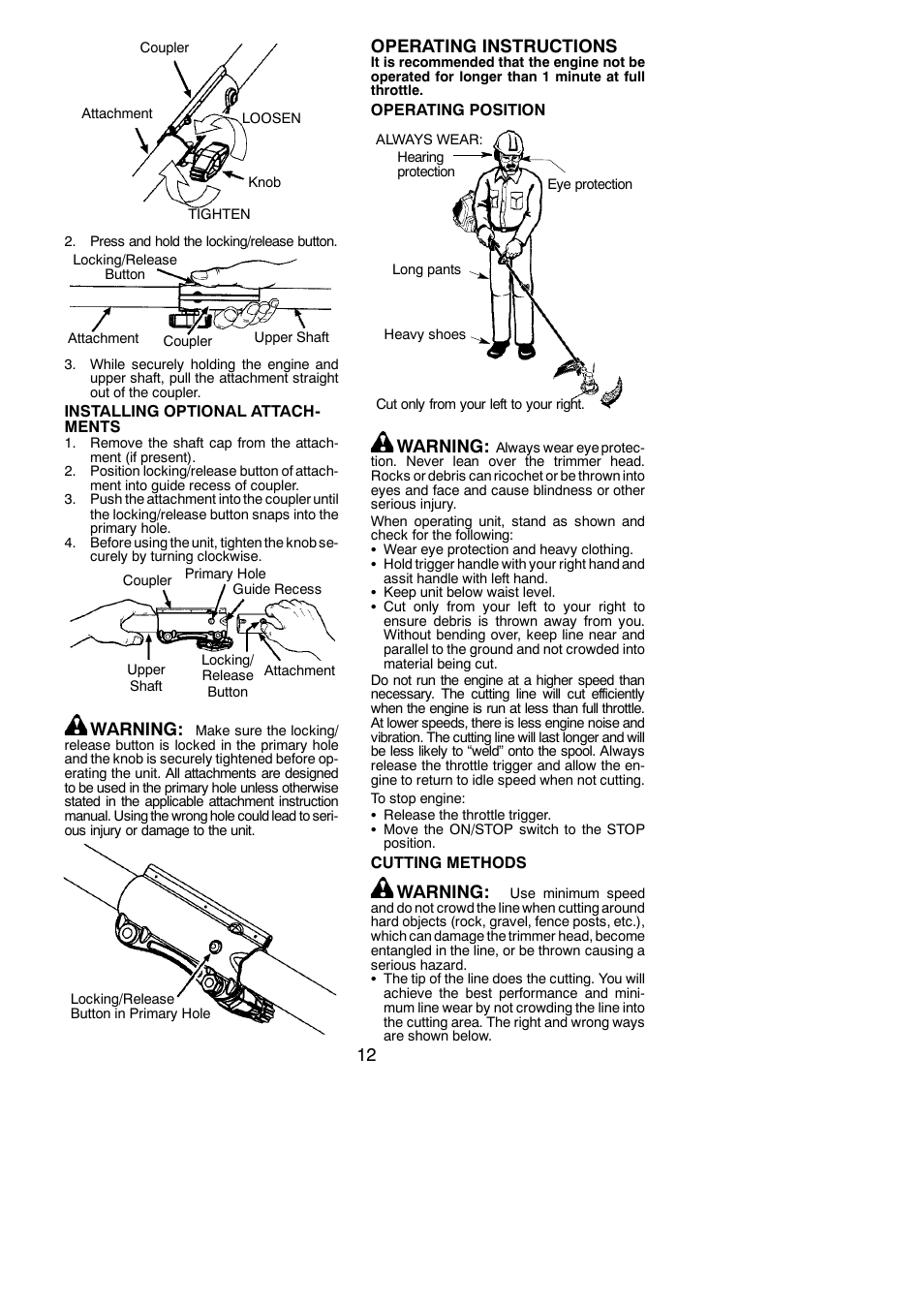 Warning, Operating instructions | Poulan Pro PP130 User Manual | Page 12 / 60