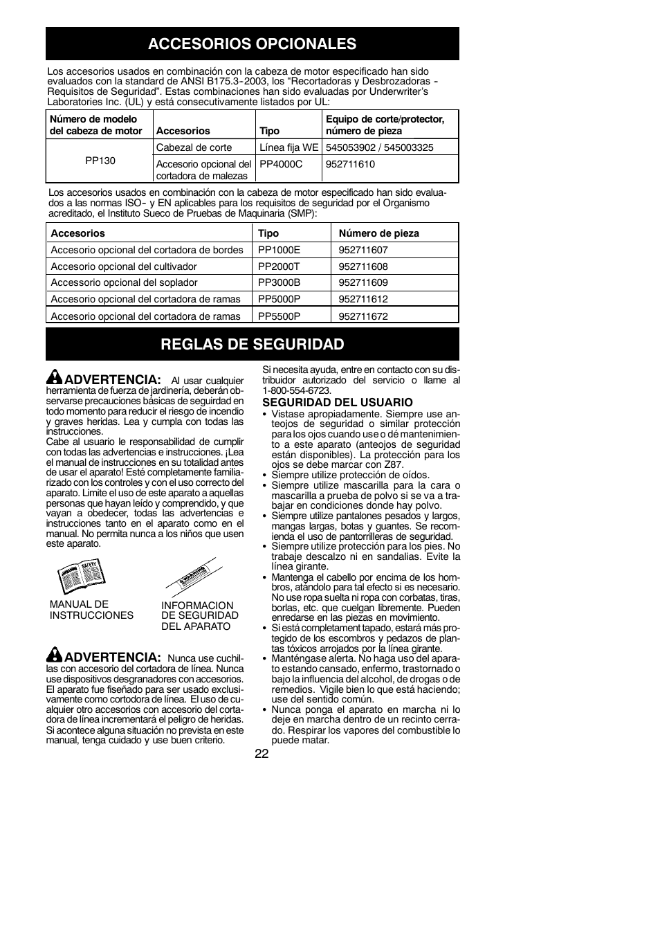 Accesorios opcionales, Reglas de seguridad | Poulan Pro PP130 User Manual | Page 22 / 60