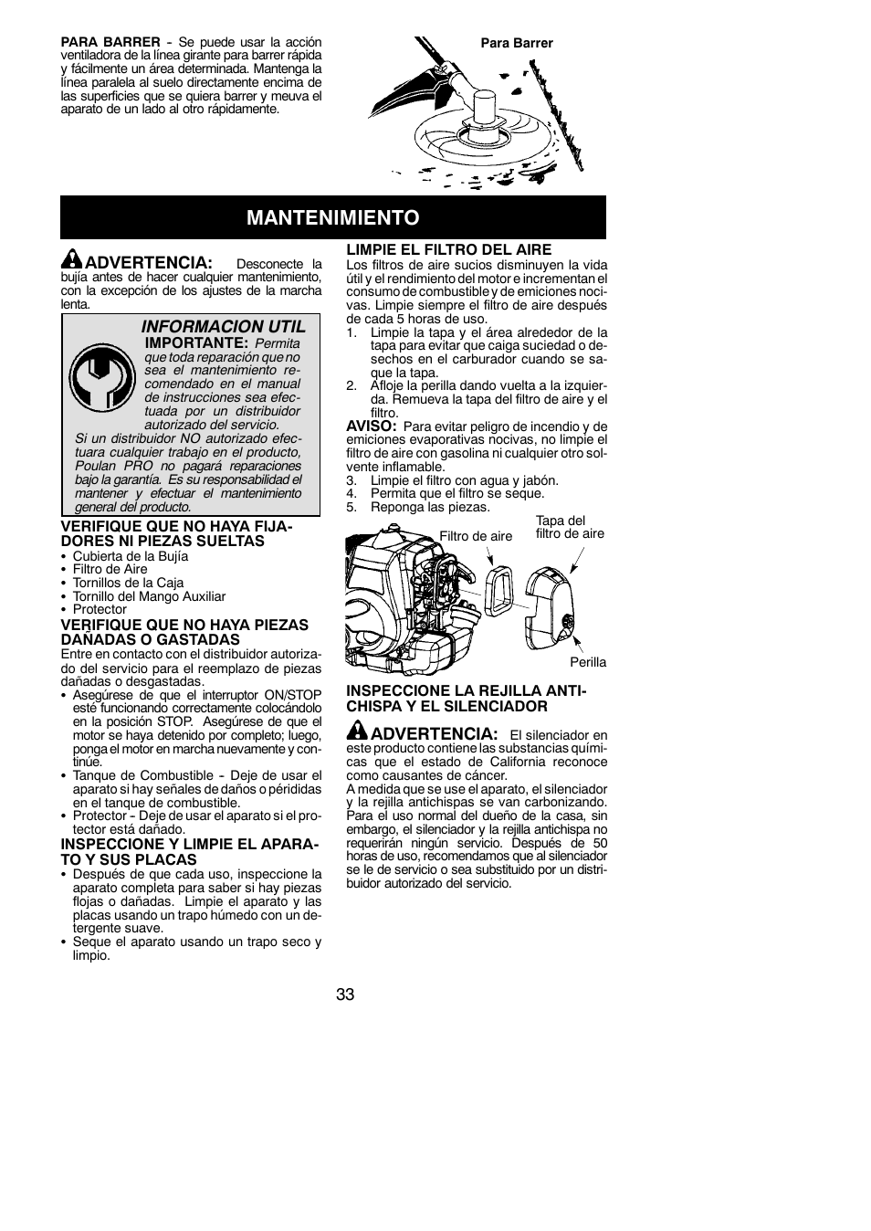 Mantenimiento | Poulan Pro PP130 User Manual | Page 33 / 60