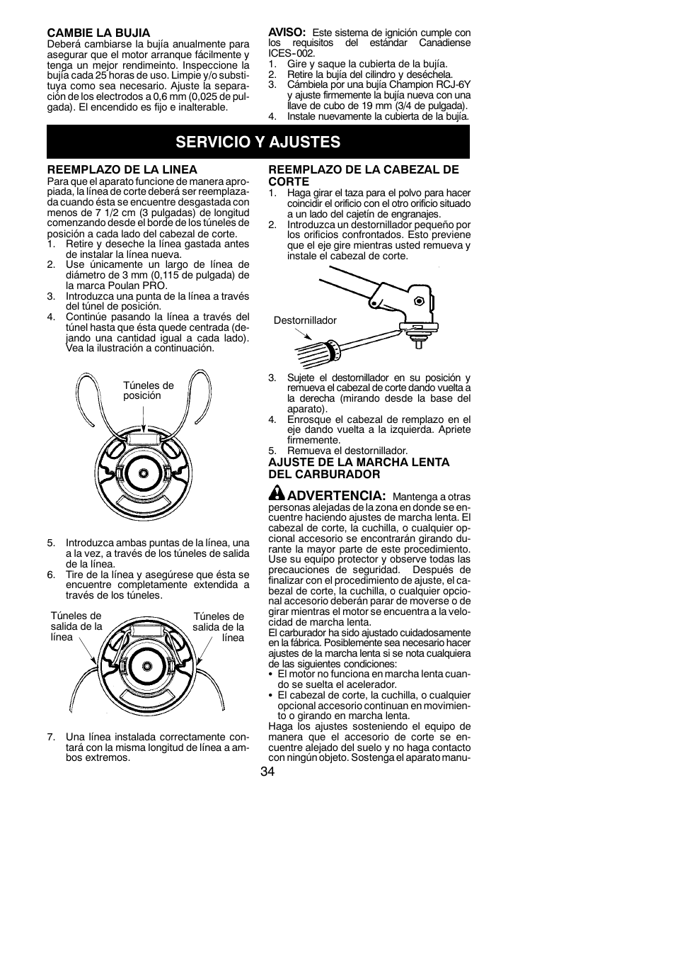 Servicio y ajustes, Advertencia | Poulan Pro PP130 User Manual | Page 34 / 60