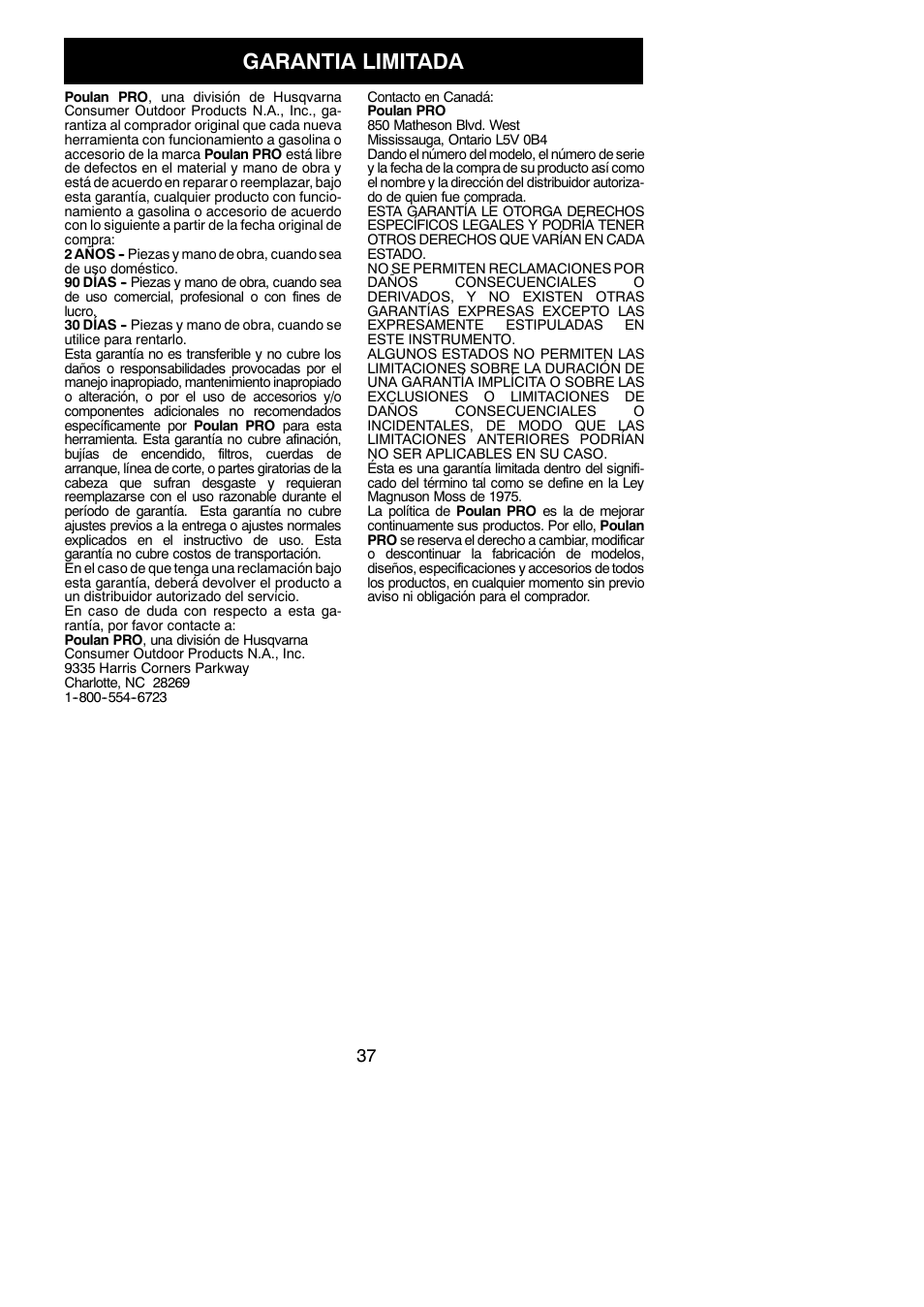 Garantia limitada | Poulan Pro PP130 User Manual | Page 37 / 60