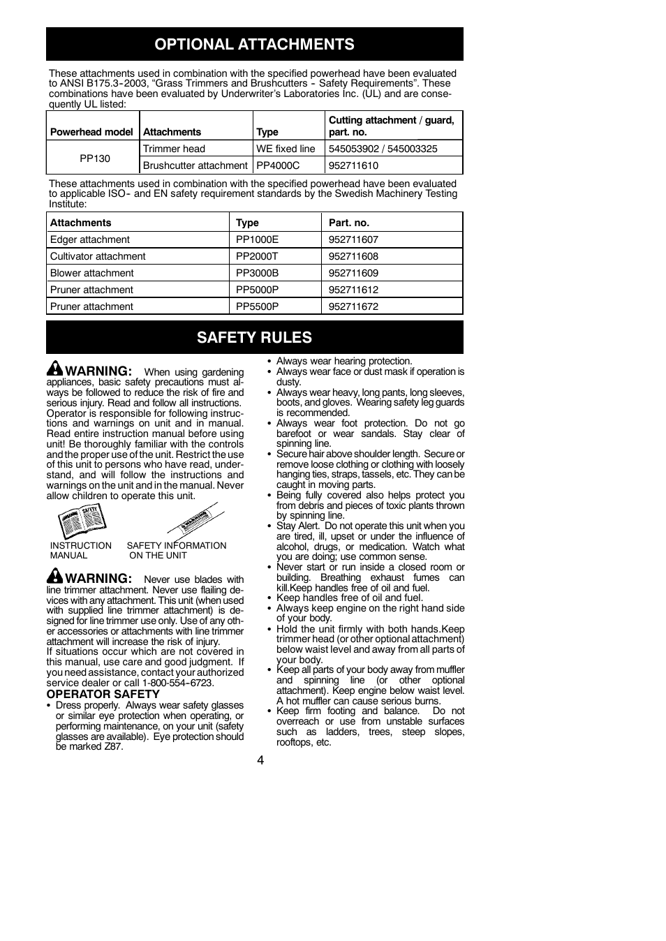 Optional attachments, Safety rules, Warning | Poulan Pro PP130 User Manual | Page 4 / 60