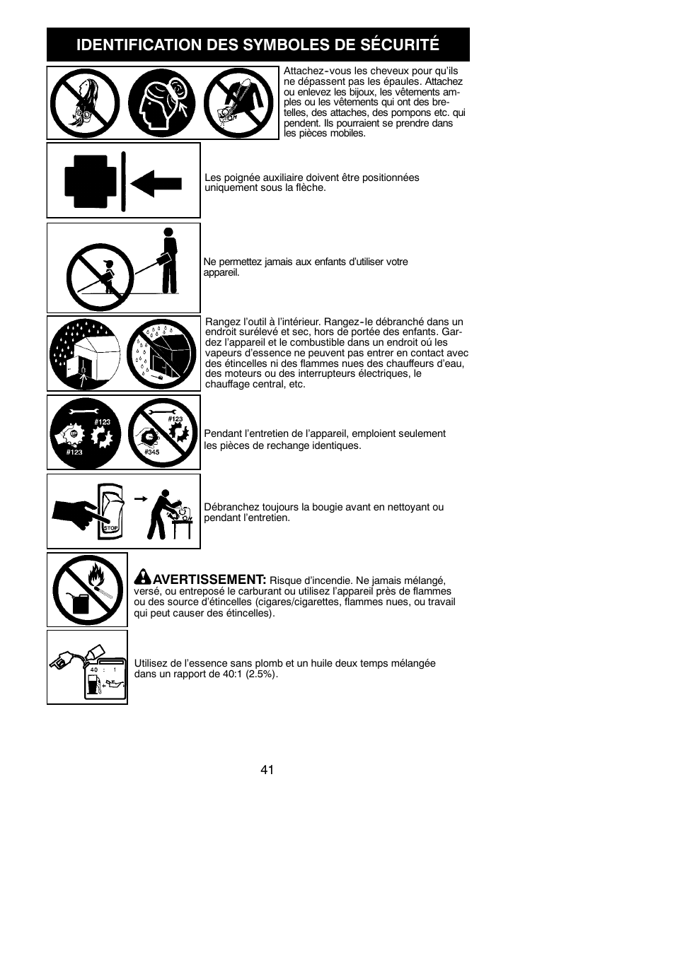 Identification des symboles de sécurité | Poulan Pro PP130 User Manual | Page 41 / 60
