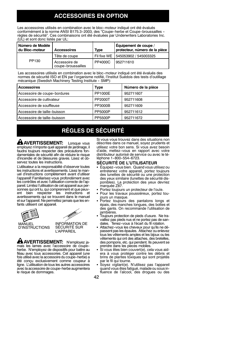 Accessoires en option, Régles de sécurité | Poulan Pro PP130 User Manual | Page 42 / 60