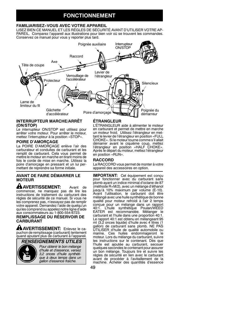Fonctionnement | Poulan Pro PP130 User Manual | Page 49 / 60