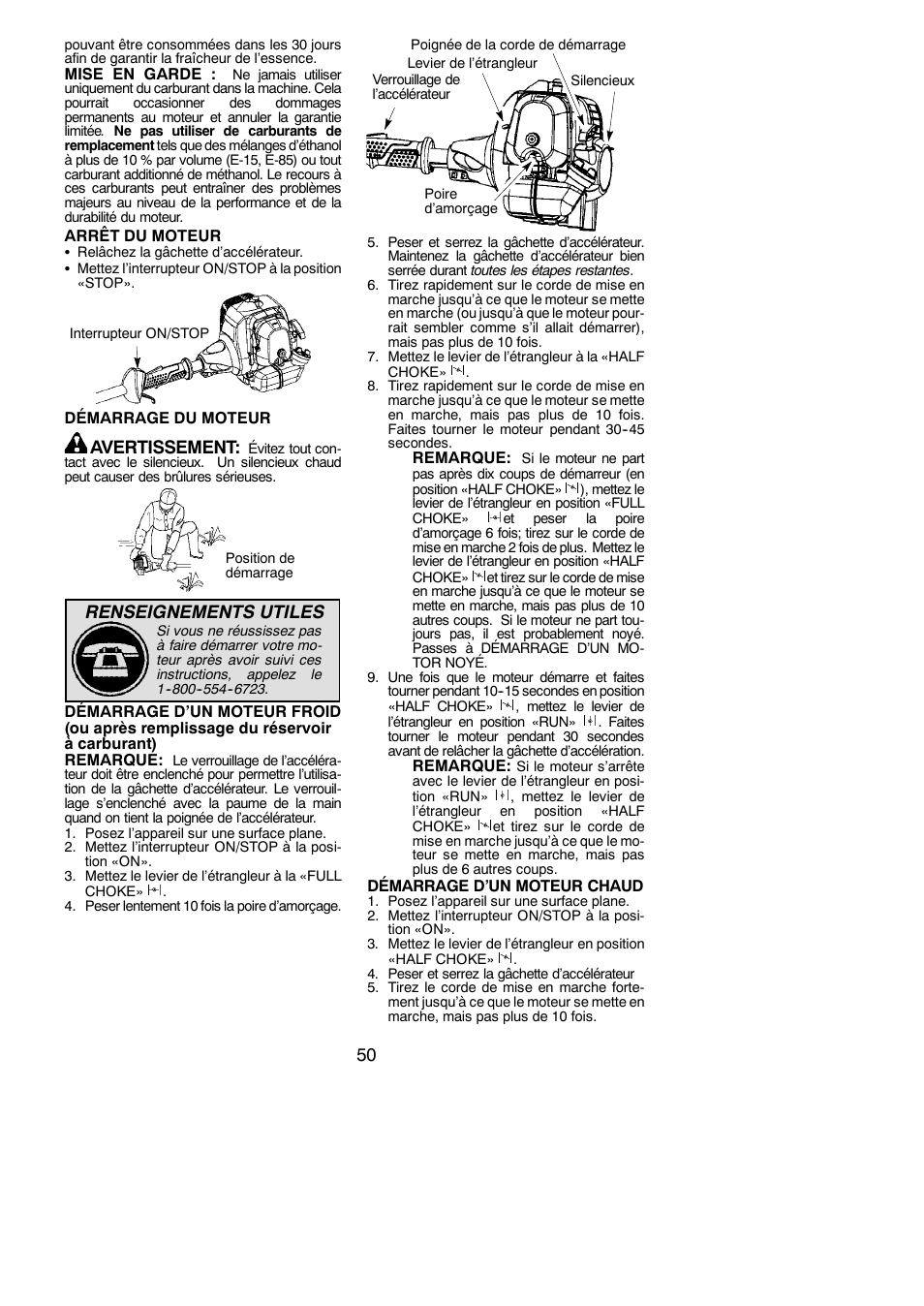 Avertissement, Renseignements utiles | Poulan Pro PP130 User Manual | Page 50 / 60