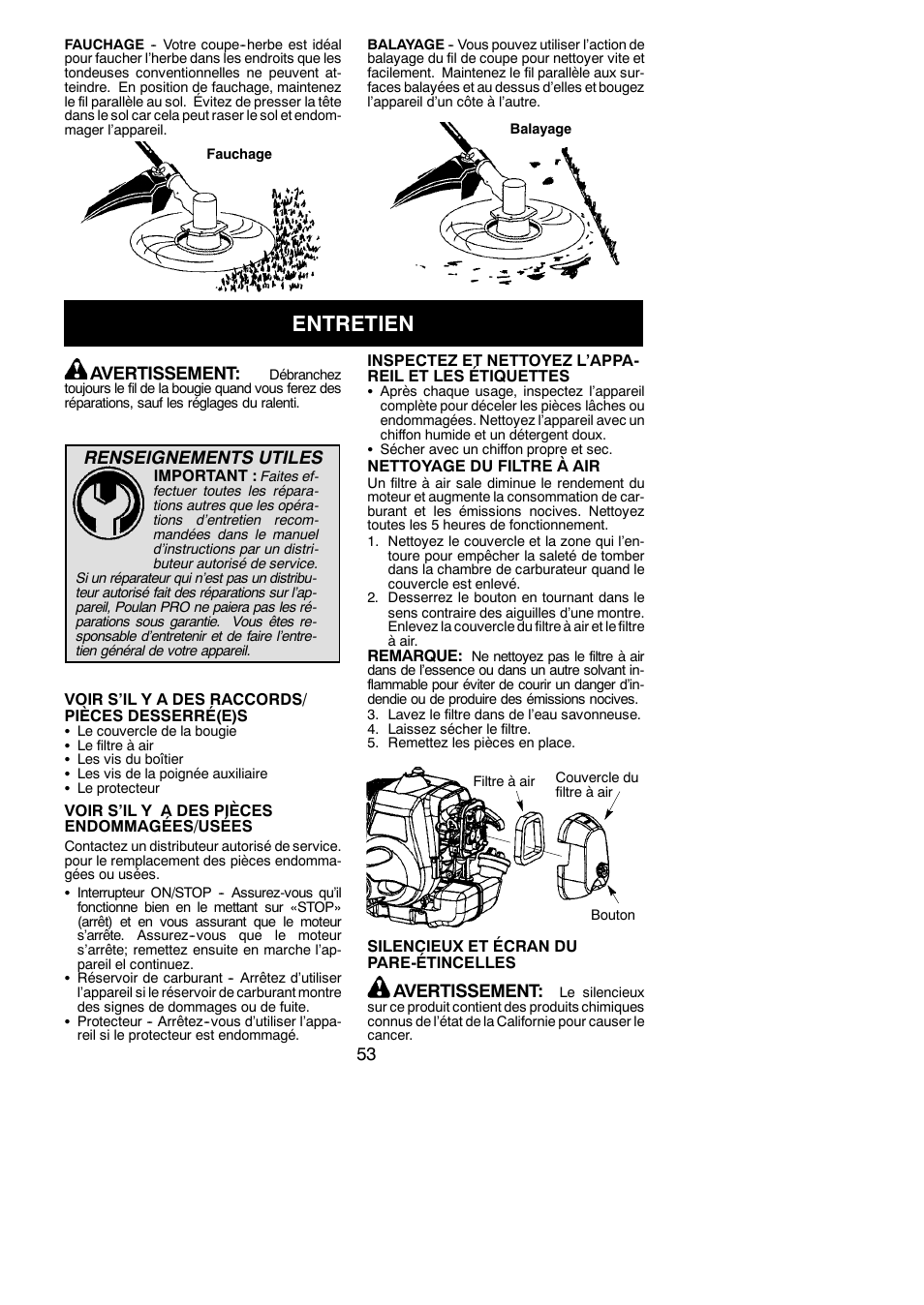 Entretien | Poulan Pro PP130 User Manual | Page 53 / 60