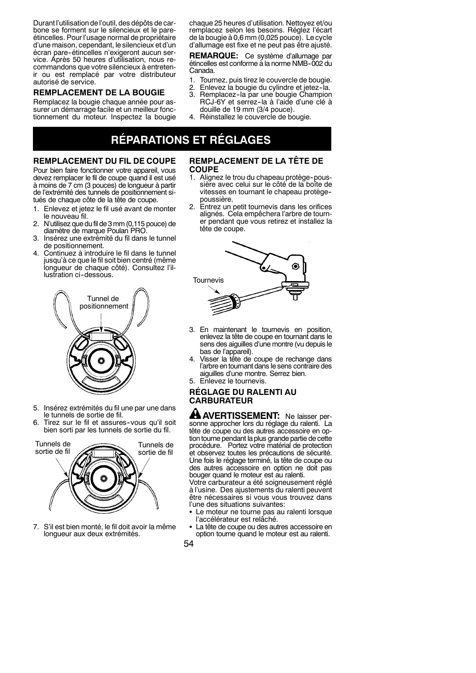 Réparations et réglages | Poulan Pro PP130 User Manual | Page 54 / 60