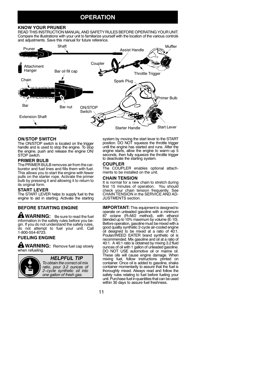 Operation, Warning, Helpful tip | Poulan Pro PP258TPC User Manual | Page 11 / 72