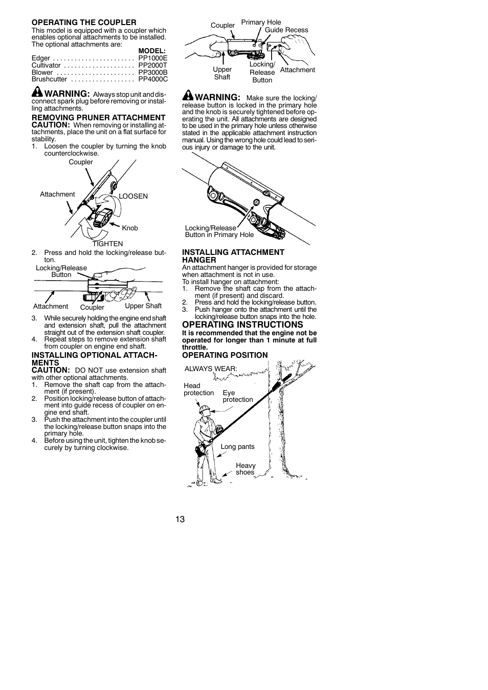 Warning, Operating instructions | Poulan Pro PP258TPC User Manual | Page 13 / 72