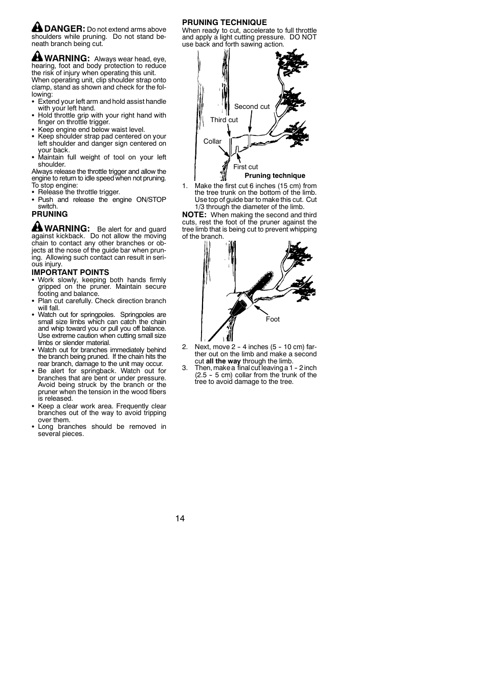 14 danger, Warning | Poulan Pro PP258TPC User Manual | Page 14 / 72
