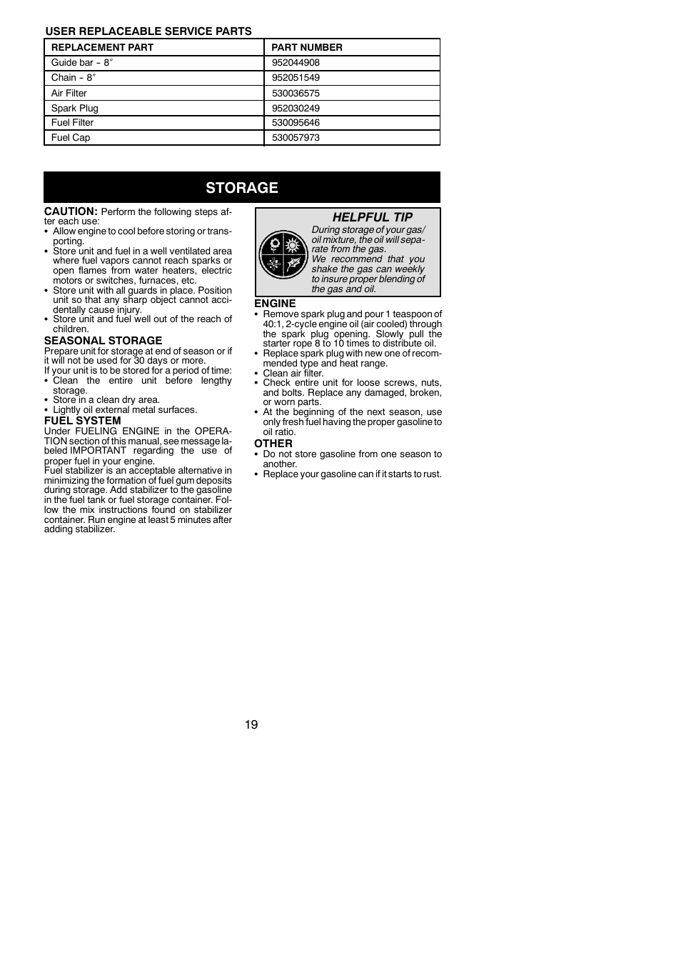 Storage, Helpful tip | Poulan Pro PP258TPC User Manual | Page 19 / 72