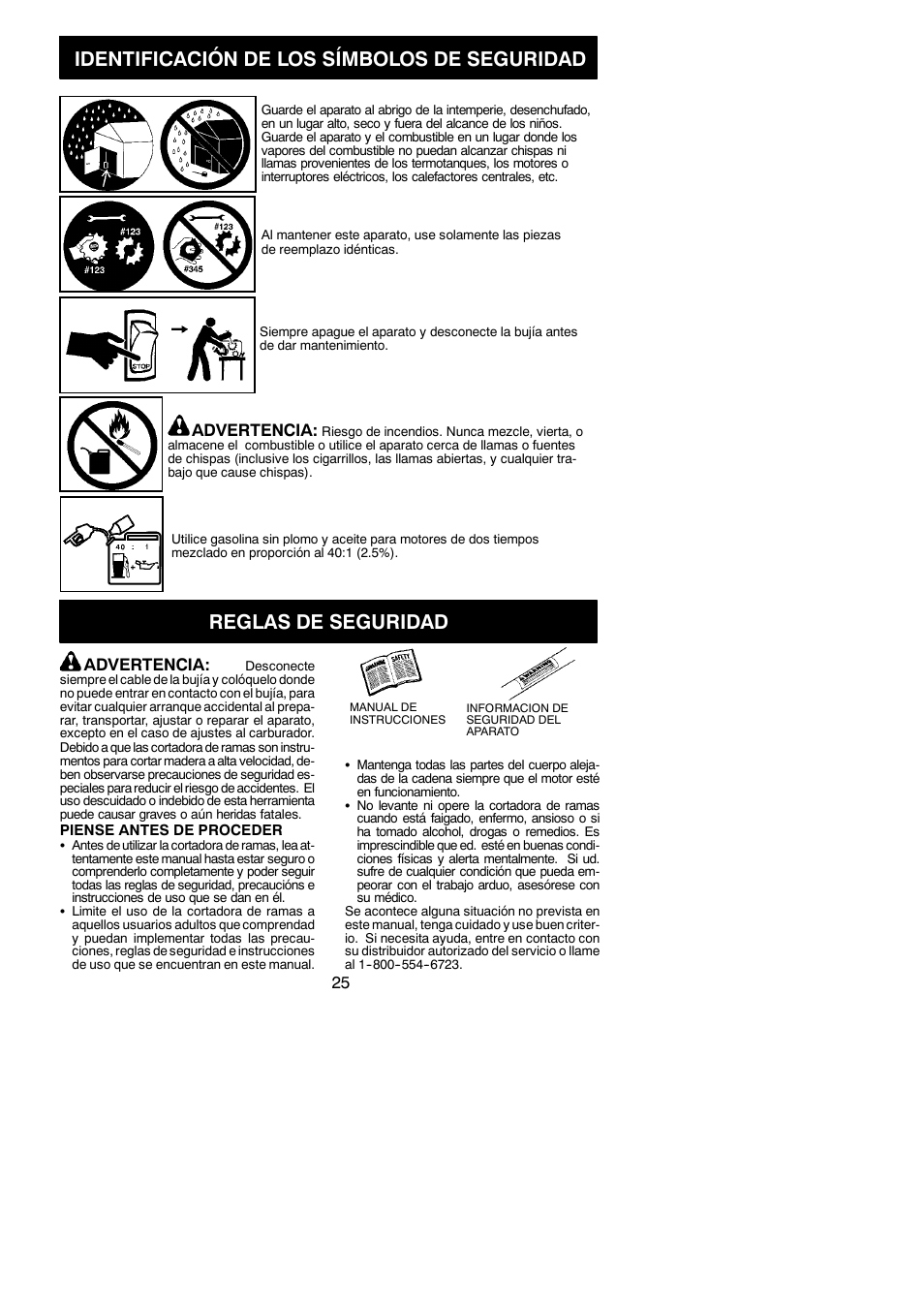 Identificación de los símbolos de seguridad, Reglas de seguridad, Advertencia | Poulan Pro PP258TPC User Manual | Page 25 / 72
