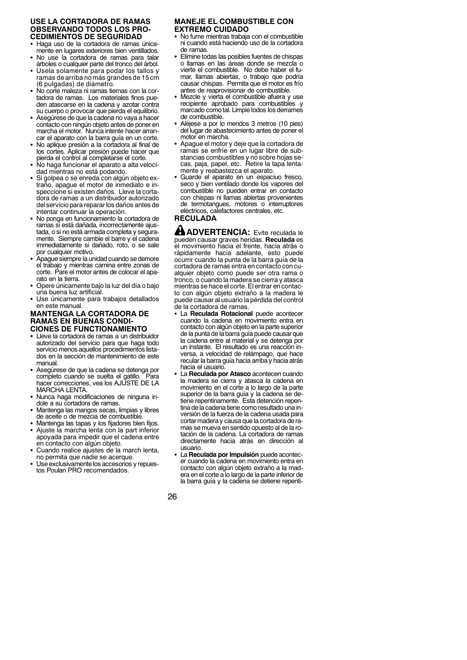 Advertencia | Poulan Pro PP258TPC User Manual | Page 26 / 72