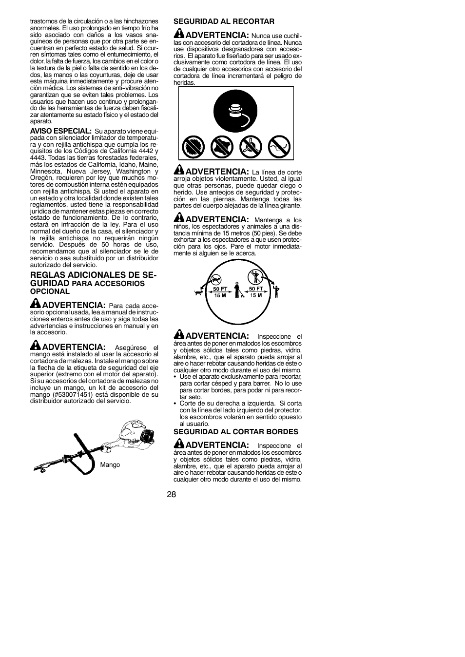 Reglas adicionales de se- guridad, Advertencia | Poulan Pro PP258TPC User Manual | Page 28 / 72