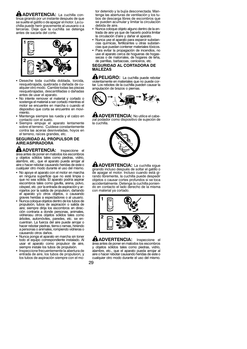 29 advertencia, Advertencia, Peligro | Poulan Pro PP258TPC User Manual | Page 29 / 72