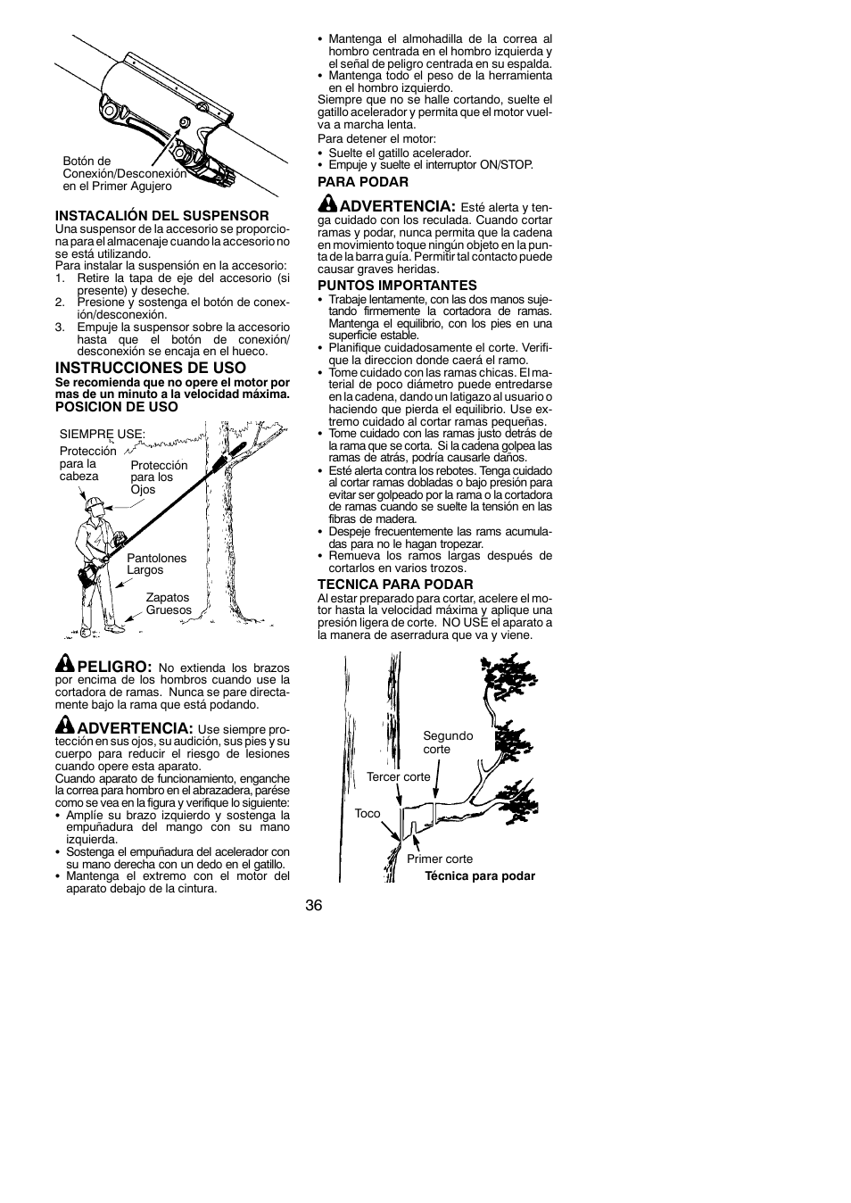 Instrucciones de uso, Peligro, Advertencia | Poulan Pro PP258TPC User Manual | Page 36 / 72