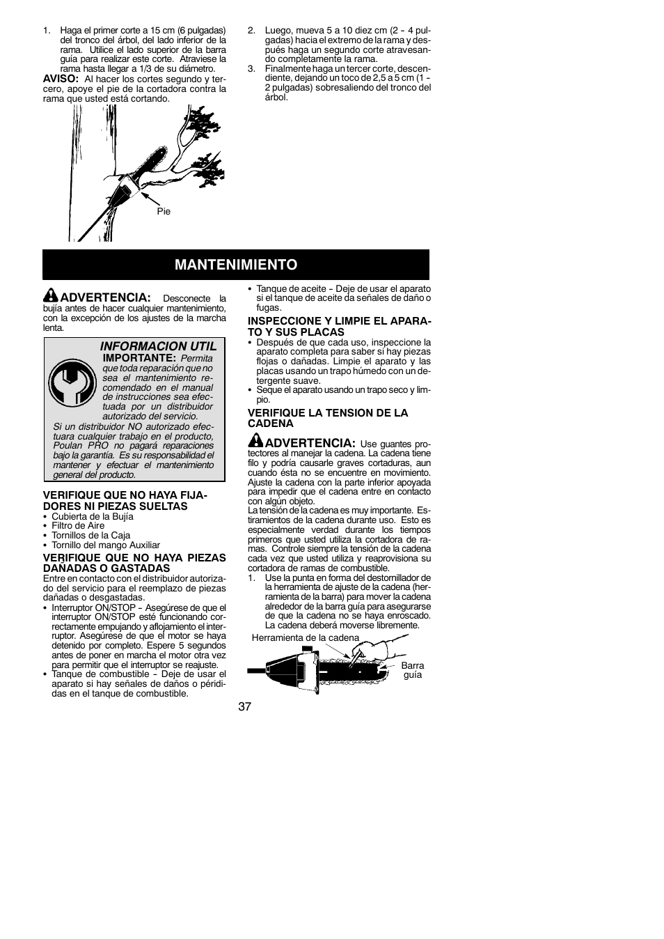 Mantenimiento, Advertencia, Informacion util | Poulan Pro PP258TPC User Manual | Page 37 / 72