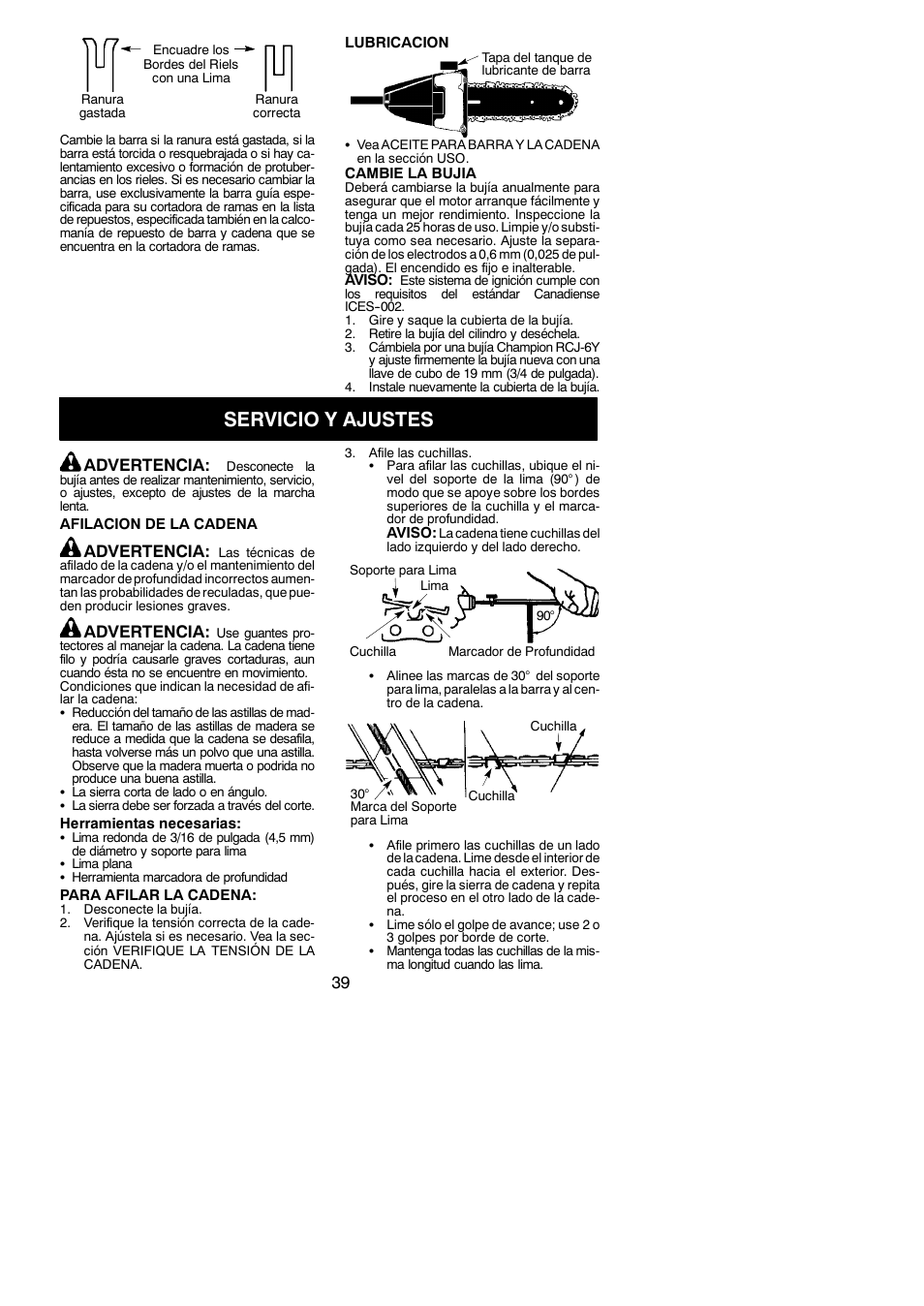 Servicio y ajustes, Advertencia | Poulan Pro PP258TPC User Manual | Page 39 / 72
