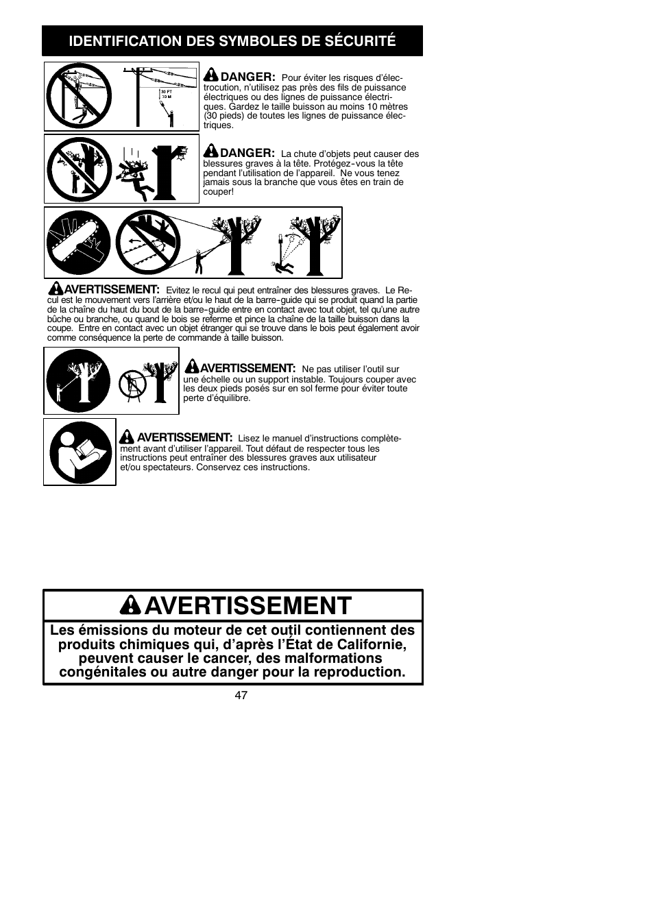 115453627fr_r3, Avertissement, Identification des symboles de sécurité | Poulan Pro PP258TPC User Manual | Page 47 / 72