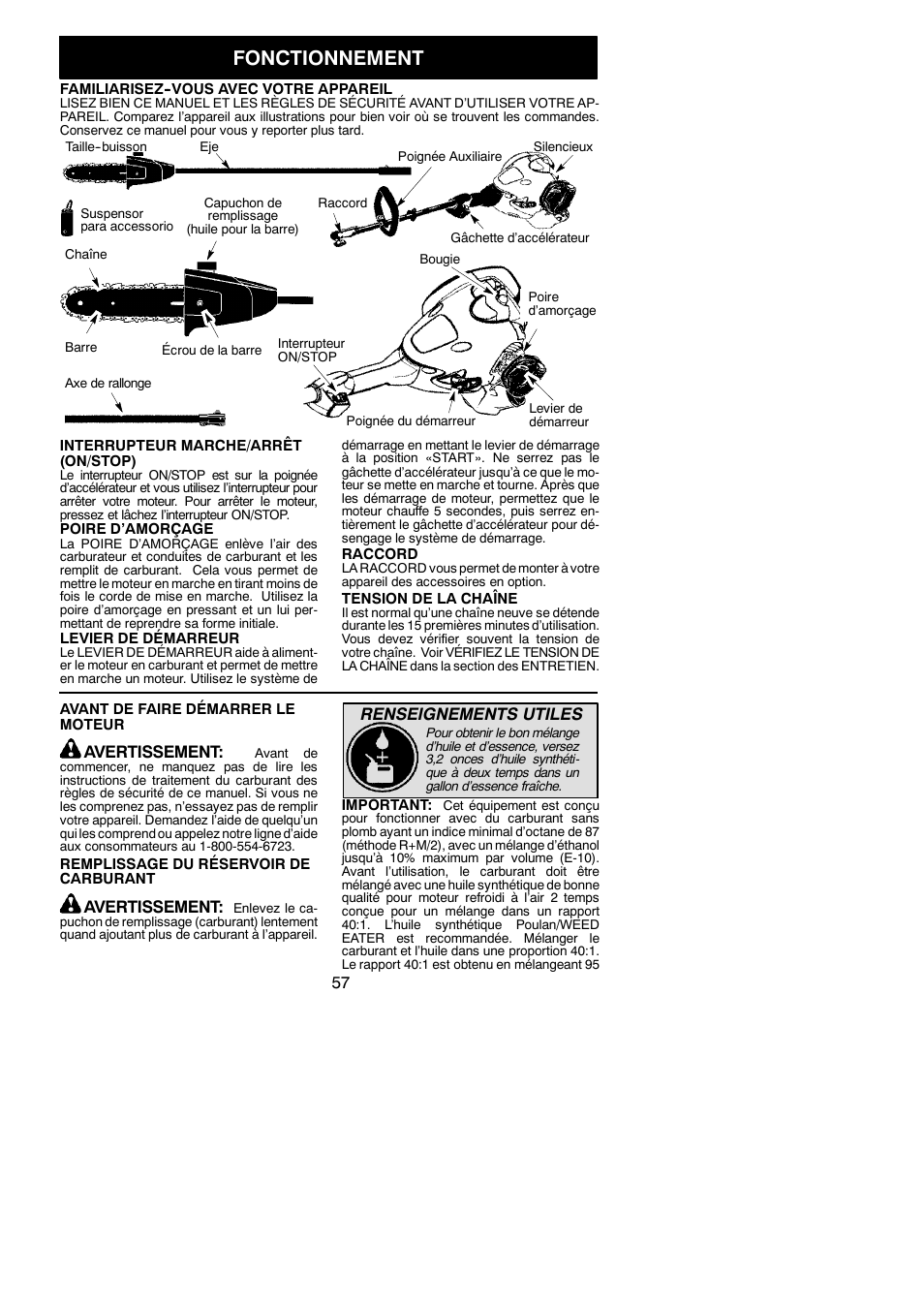 Fonctionnement, Avertissement, Renseignements utiles | Poulan Pro PP258TPC User Manual | Page 57 / 72