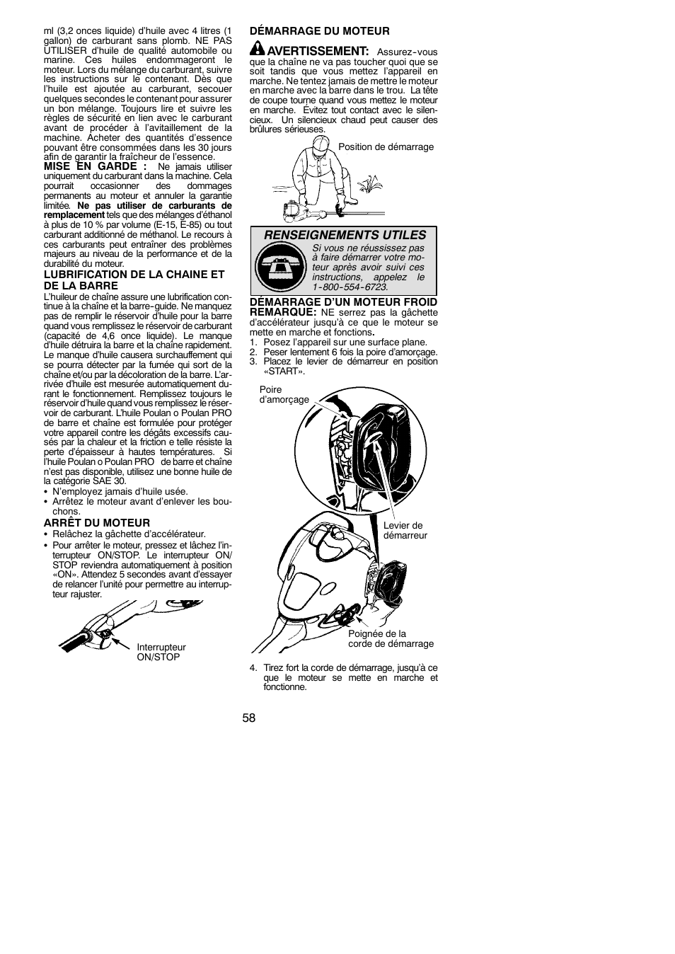 Avertissement, Renseignements utiles | Poulan Pro PP258TPC User Manual | Page 58 / 72