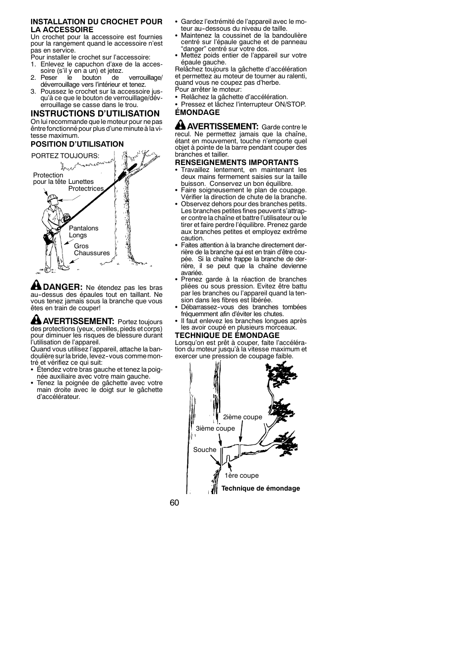 Instructions d’utilisation, Danger, Avertissement | Poulan Pro PP258TPC User Manual | Page 60 / 72