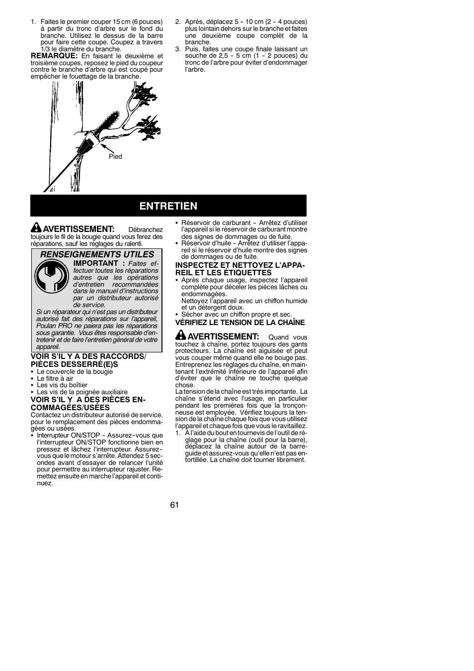 Entretien, Avertissement, Renseignements utiles | Poulan Pro PP258TPC User Manual | Page 61 / 72
