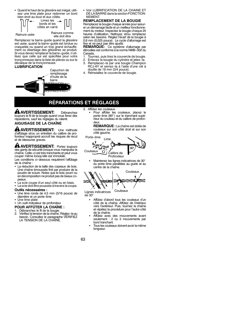 Réparations et réglages, Avertissement | Poulan Pro PP258TPC User Manual | Page 63 / 72