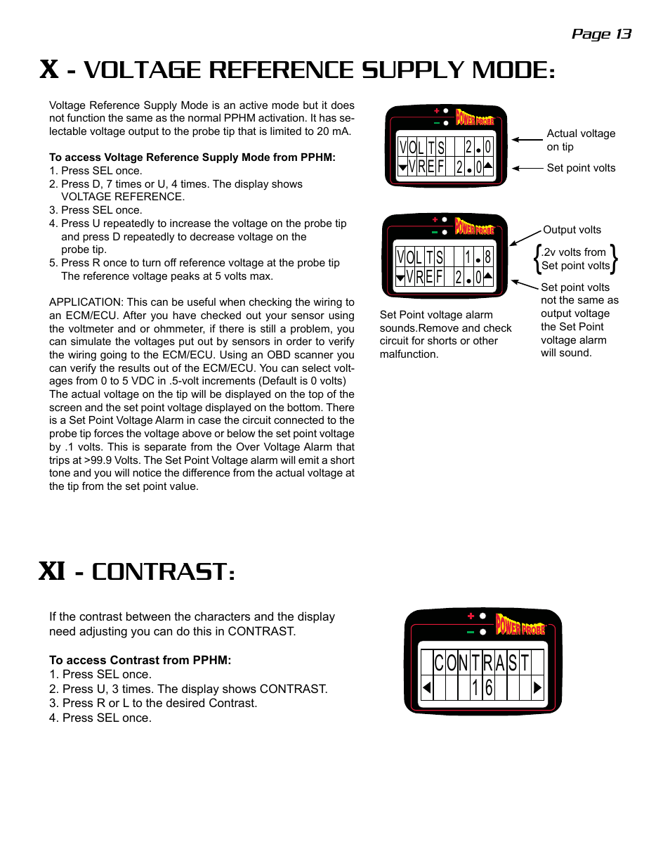X - voltage reference supply mode, Xi - contrast | Power Probe The Hook User Manual | Page 13 / 20
