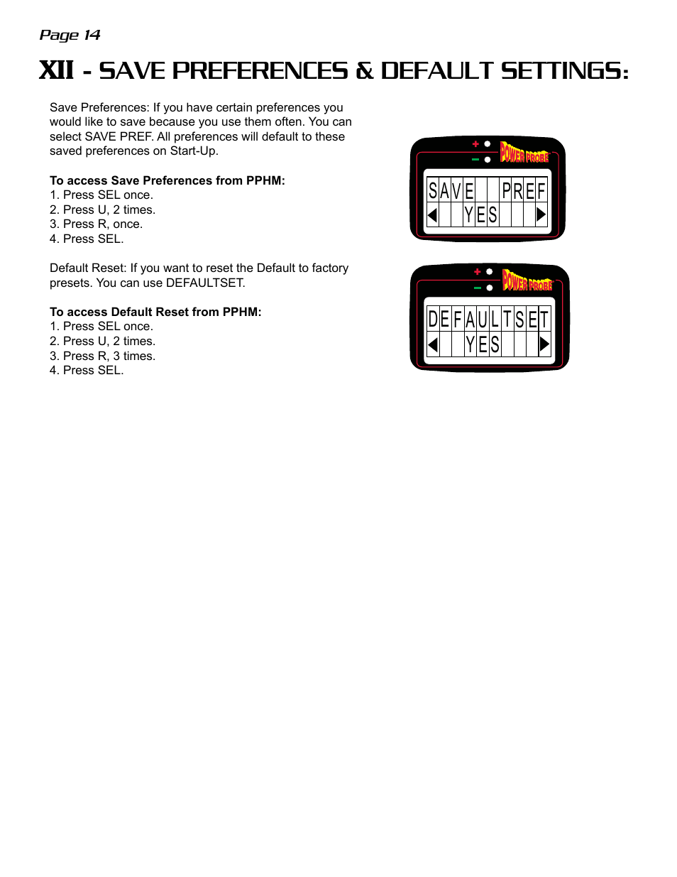 Xii - save preferences & default settings | Power Probe The Hook User Manual | Page 14 / 20