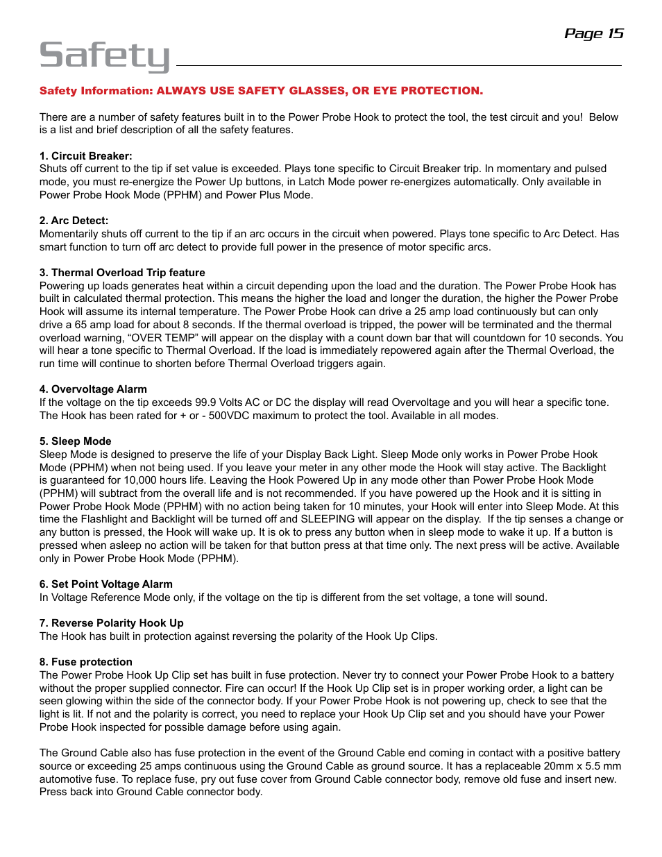 Safety, Page 15 | Power Probe The Hook User Manual | Page 15 / 20